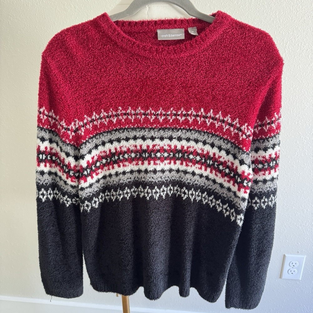 Croft and Barrow Fair Isle Red Black Chenille Christmas Sweater M Grandma Core